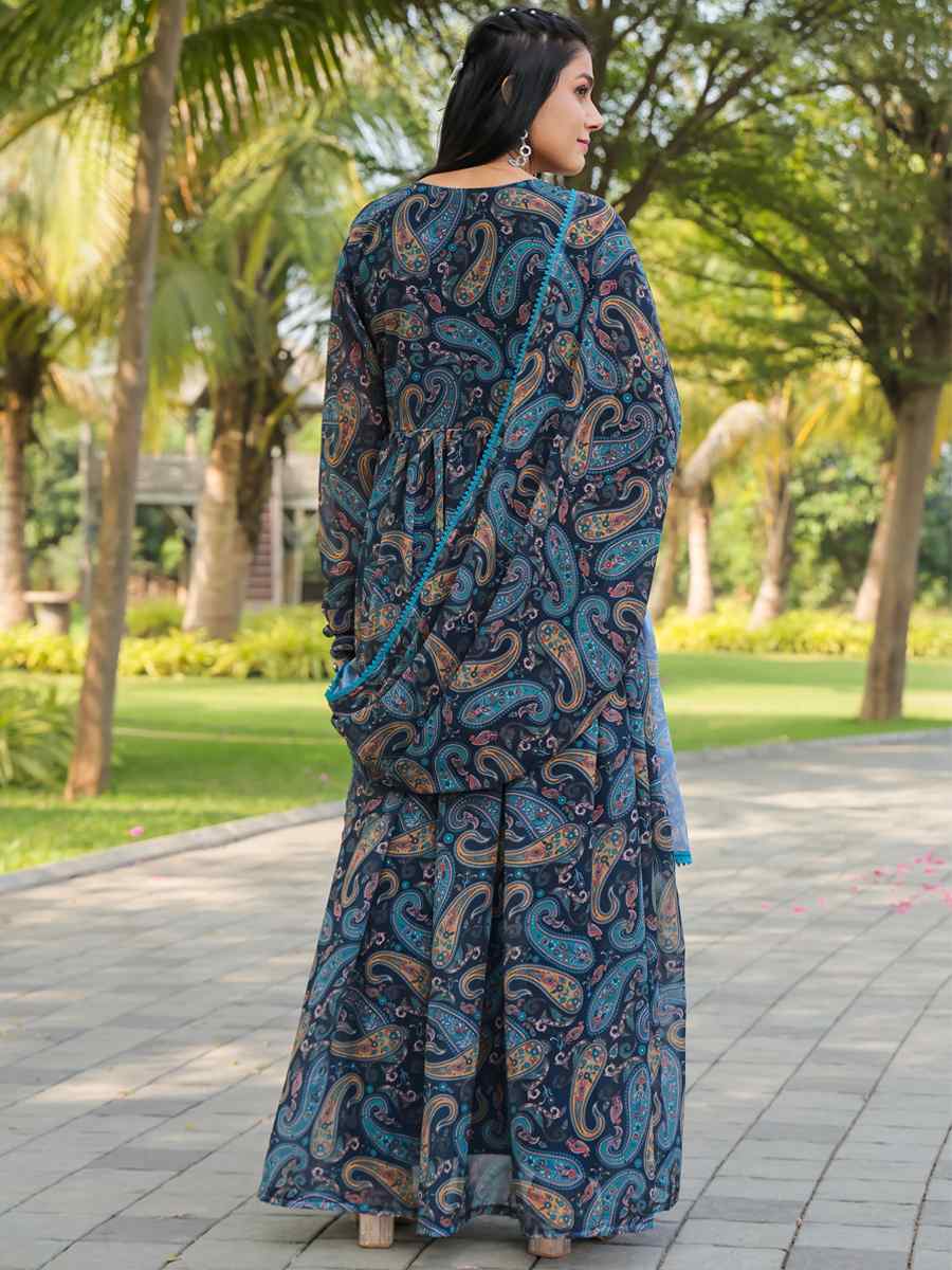 Blue Georgette Printed Festival Casual Gown