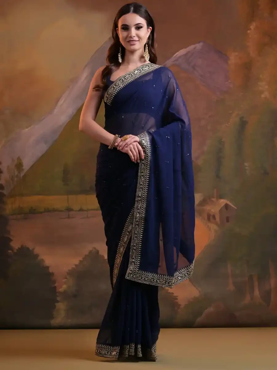 Blue Georgette Sequins Cocktail Party Classic Style Saree