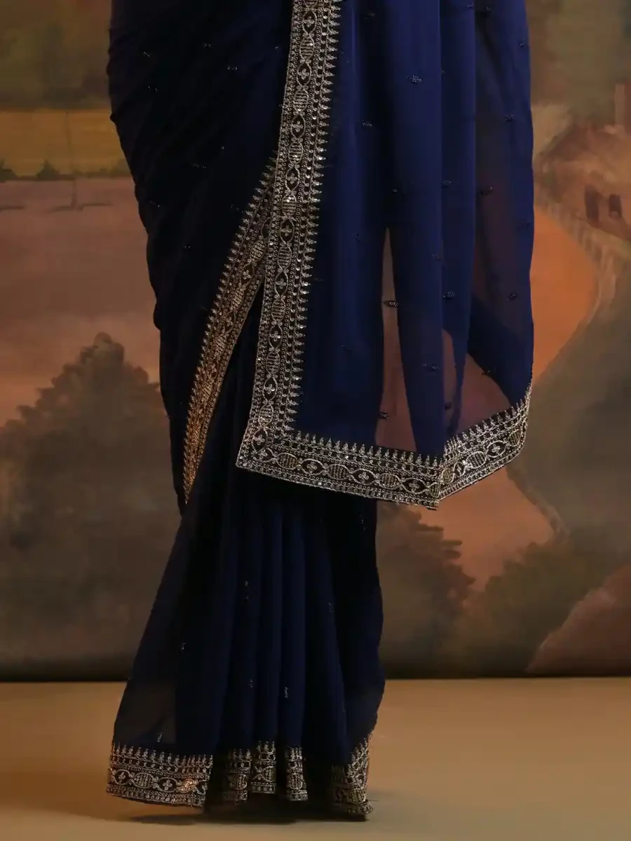 Blue Georgette Sequins Cocktail Party Classic Style Saree