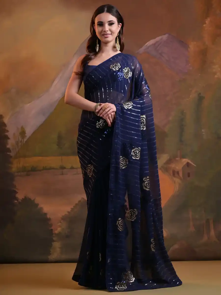 Blue Georgette Sequins Cocktail Party Classic Style Saree