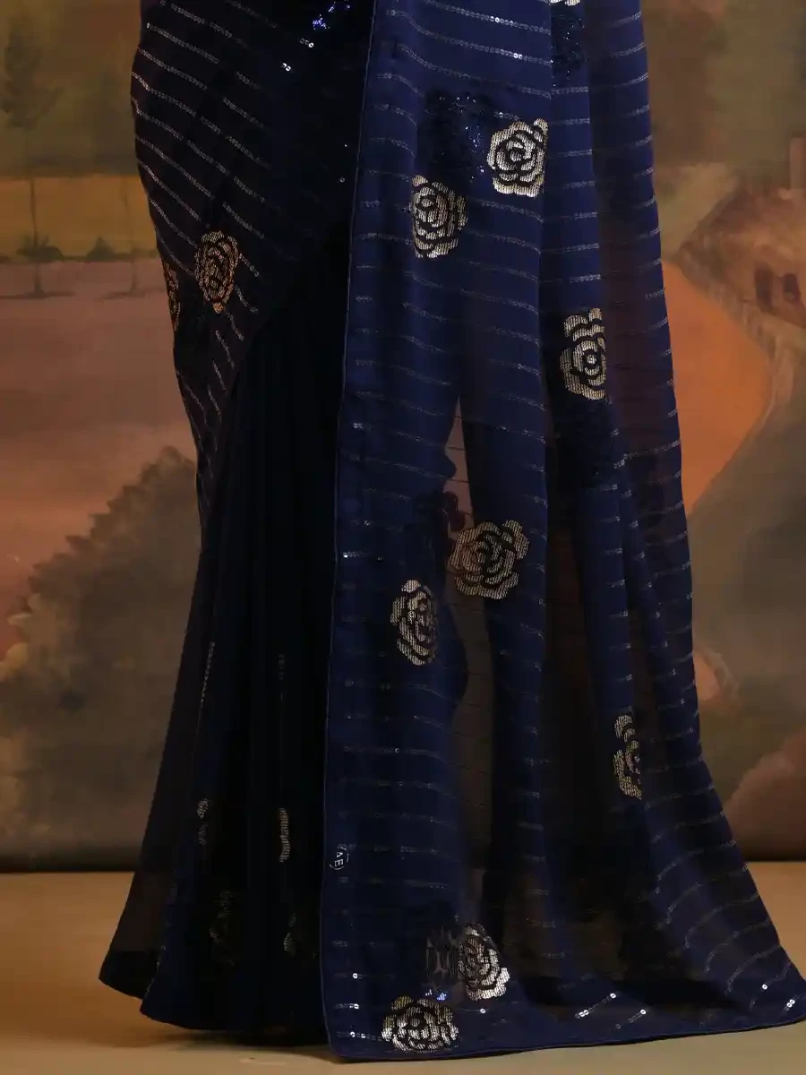 Blue Georgette Sequins Cocktail Party Classic Style Saree