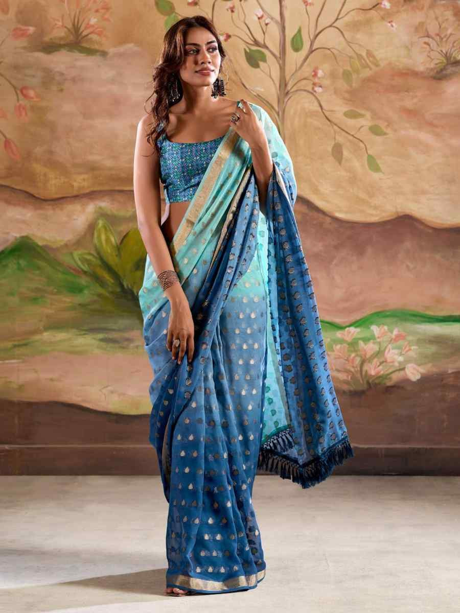 Blue Georgette Silk Handwoven Festival Party Classic Style Saree