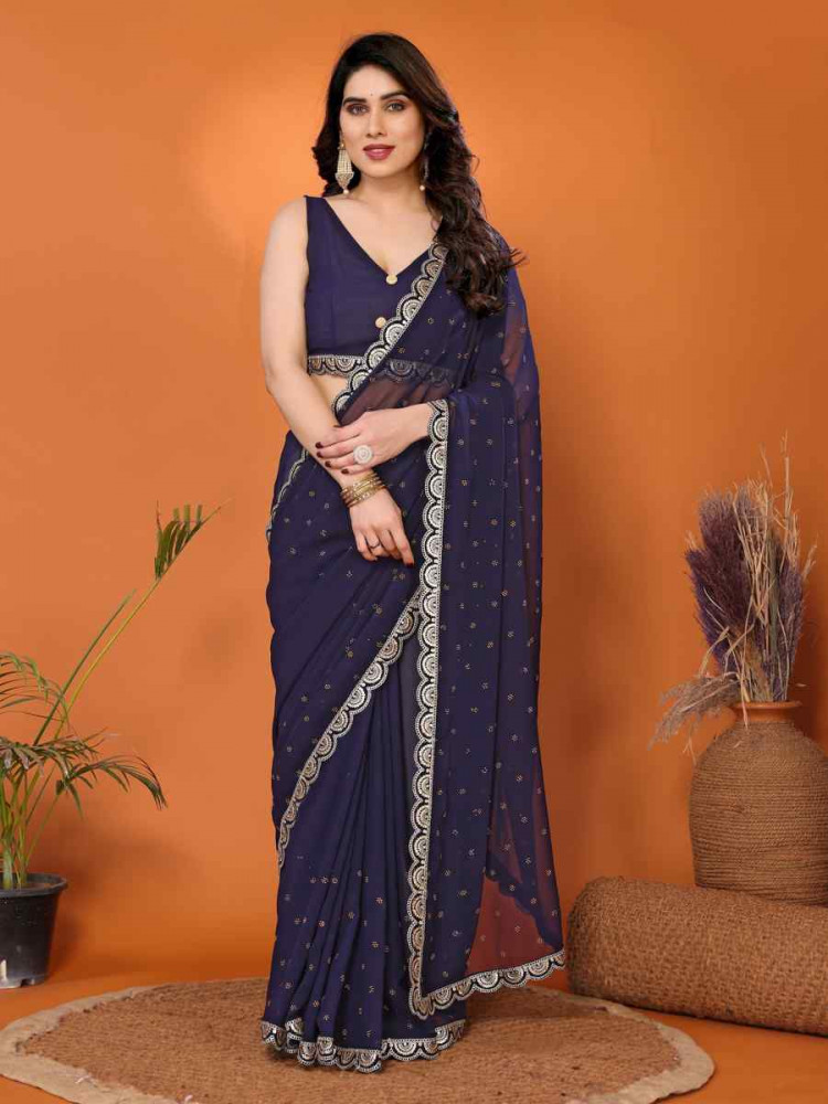 Blue Georgette,velvet Printed Festival Casual Classic Style Saree