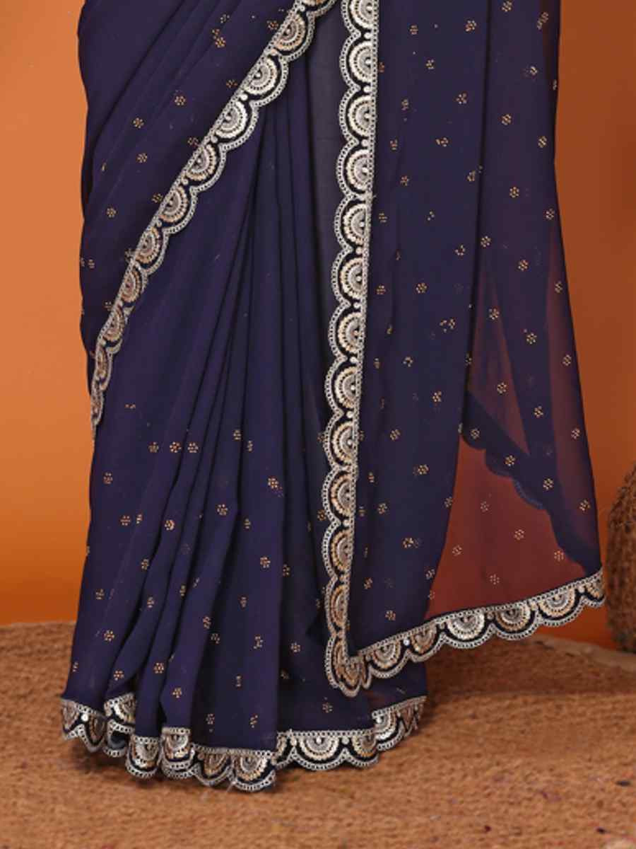 Blue Georgette,velvet Printed Festival Casual Classic Style Saree