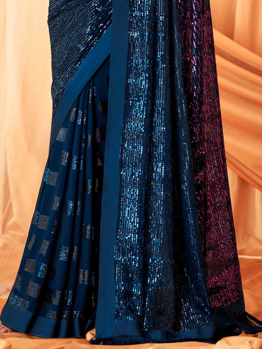 Blue Gergette Silk Printed Casual Festival Contemporary Saree
