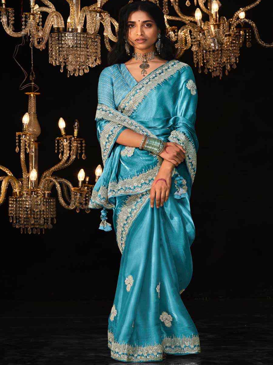 Blue Glass Tissue Silk Embroidered Party Reception Heavy Border Saree