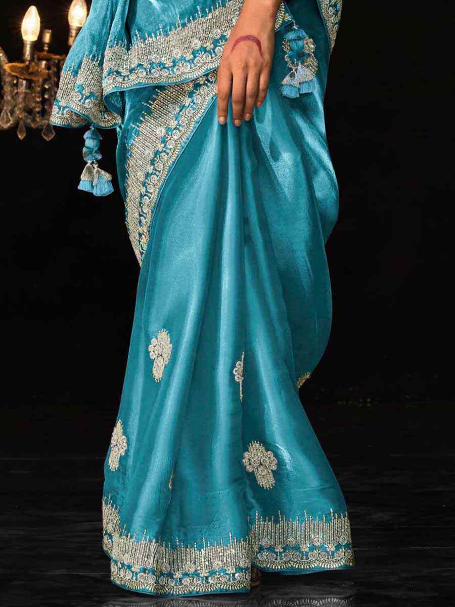 Blue Glass Tissue Silk Embroidered Party Reception Heavy Border Saree