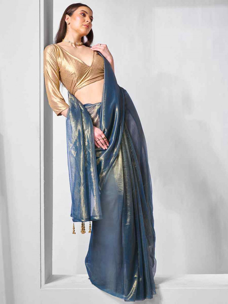 Blue Gold Tissue Net Handwoven Festival Wedding Heavy Border Saree