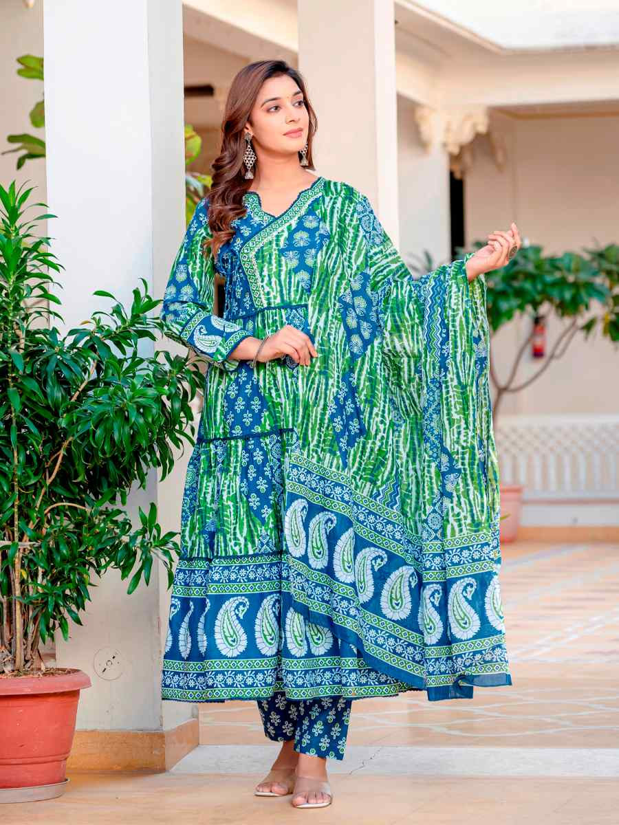 Blue Green Cotton Embroidered Festival Casual Anarkali Salwar Kameez