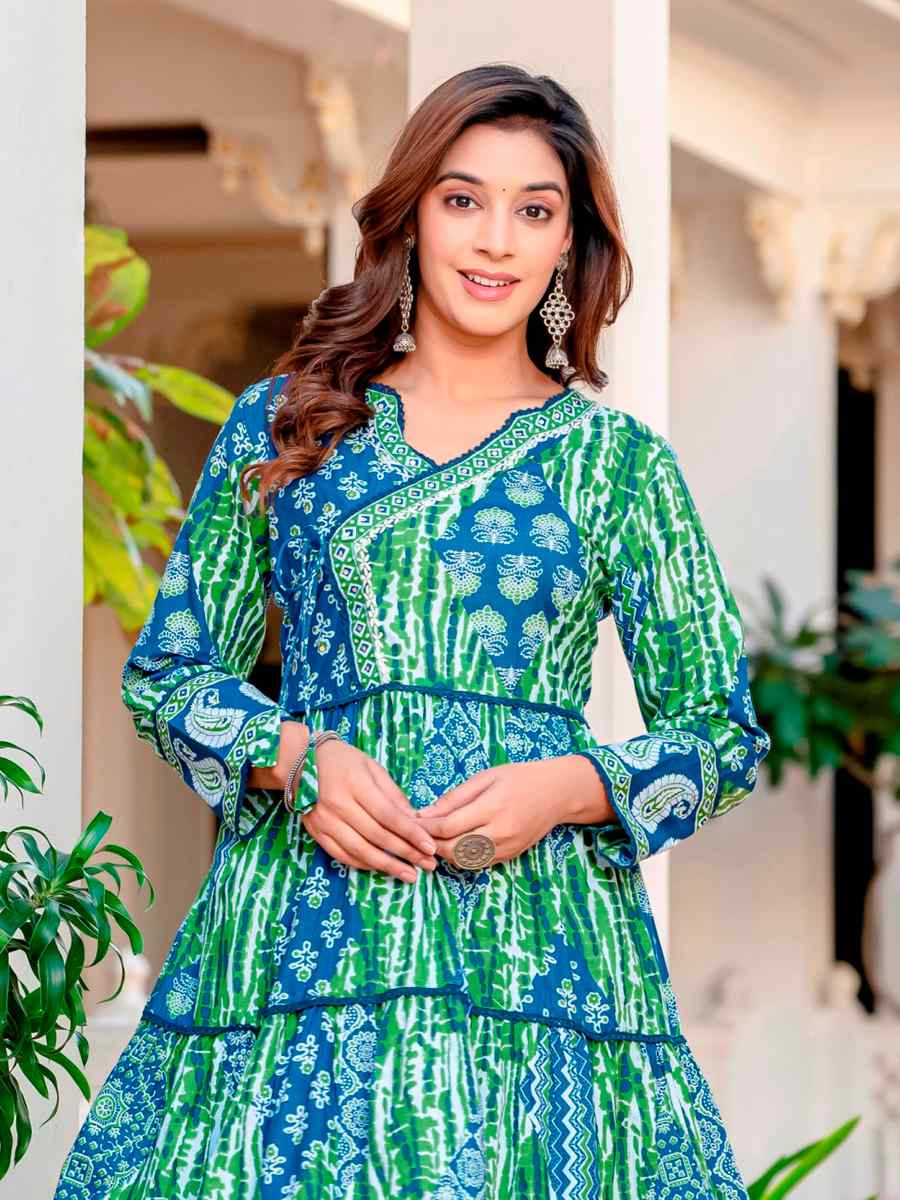 Blue Green Cotton Embroidered Festival Casual Anarkali Salwar Kameez