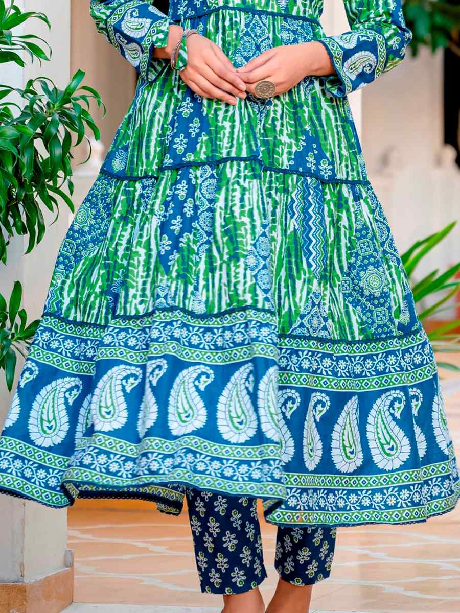 Blue Green Cotton Embroidered Festival Casual Anarkali Salwar Kameez