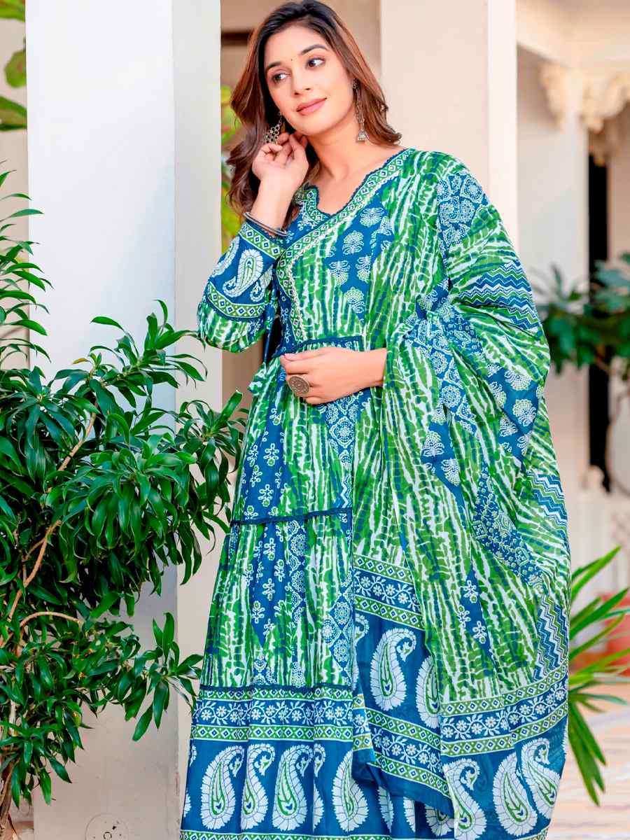 Blue Green Cotton Embroidered Festival Casual Anarkali Salwar Kameez