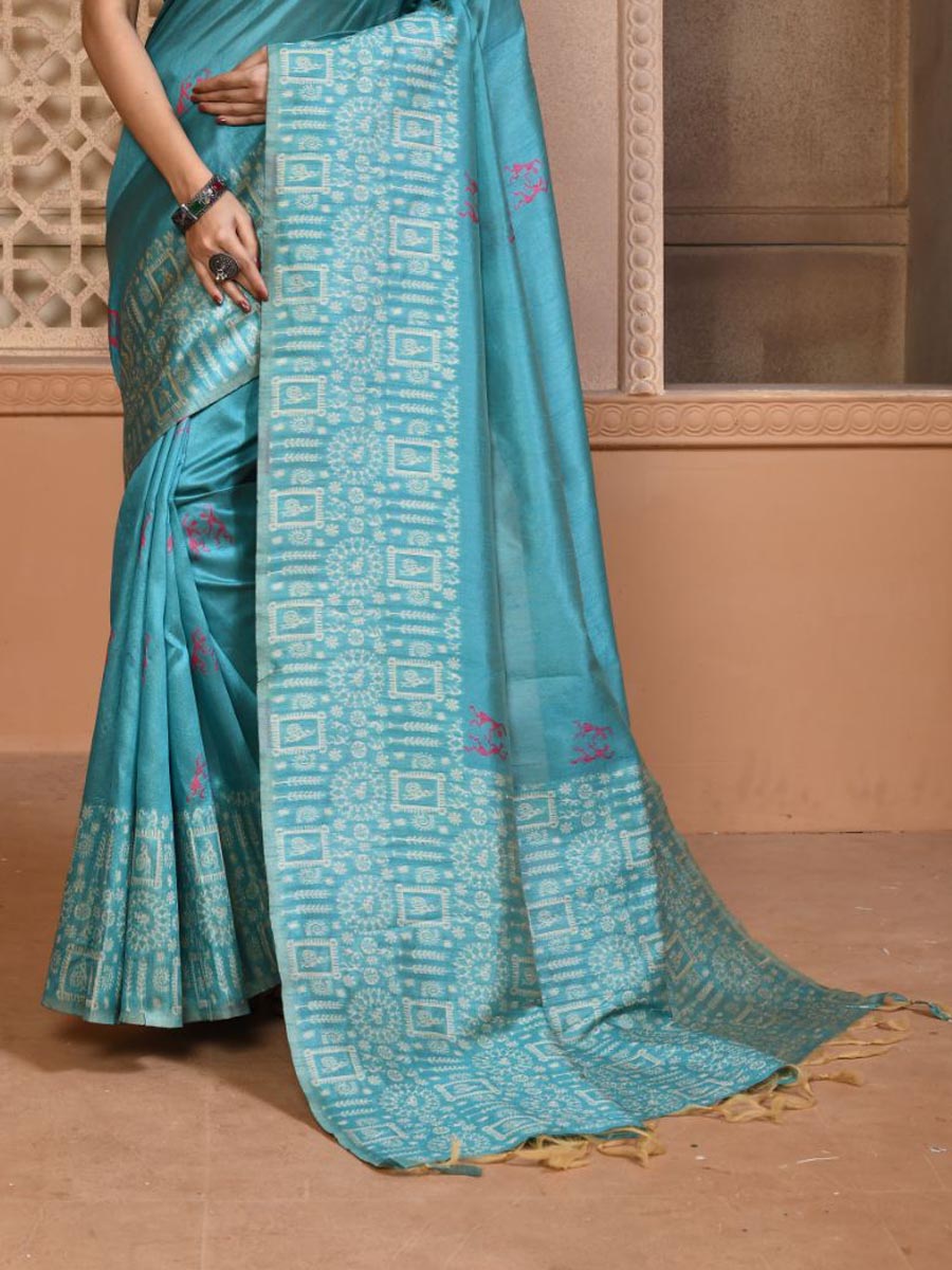 Blue Handloom Raw Silk Handwoven Casual Festival Heavy Border Saree