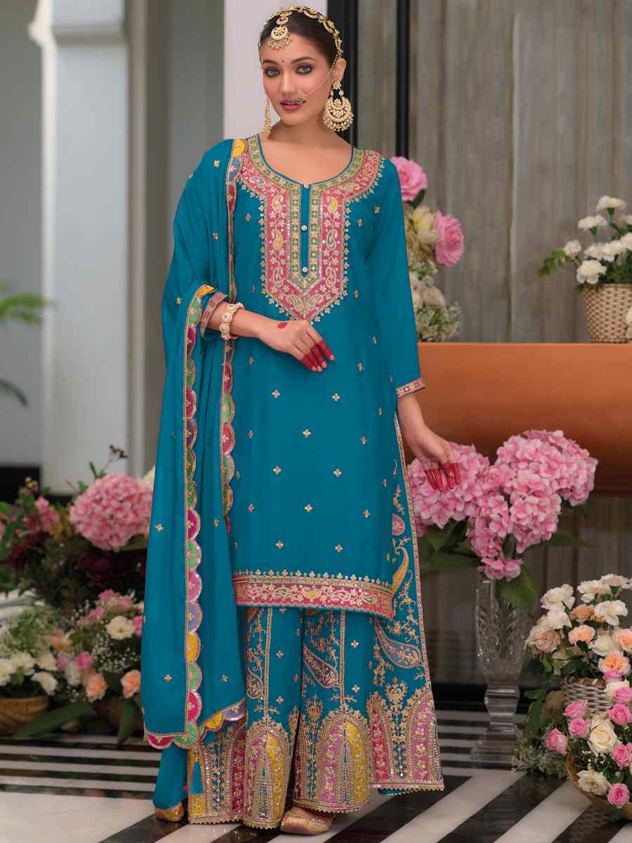 Blue Heavy Chinon Embroidered Festival Wedding Palazzo Pant Salwar Kameez