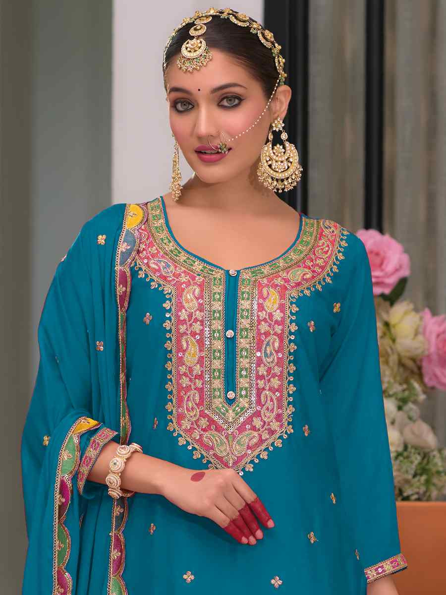 Blue Heavy Chinon Embroidered Festival Wedding Palazzo Pant Salwar Kameez