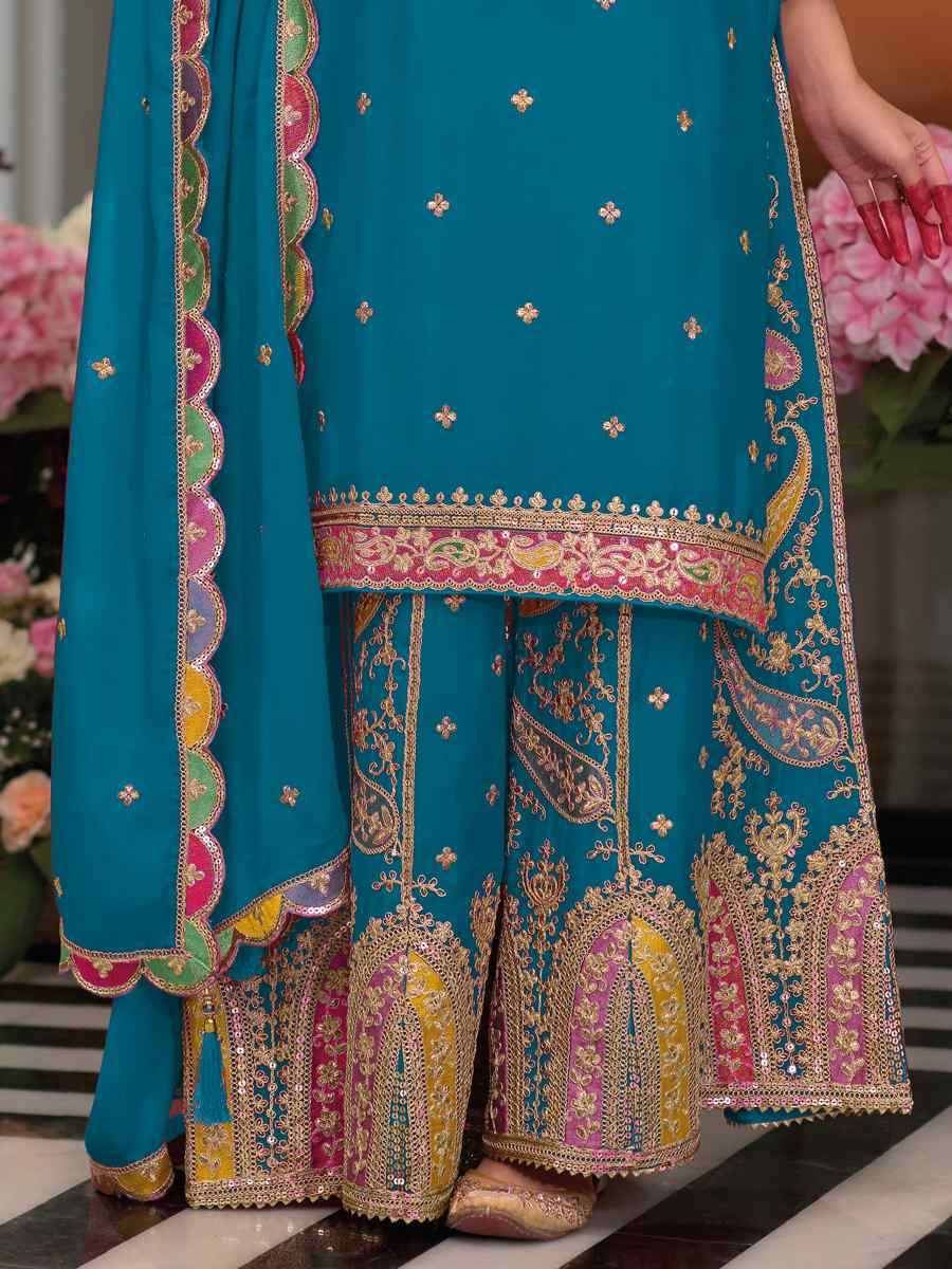 Blue Heavy Chinon Embroidered Festival Wedding Palazzo Pant Salwar Kameez