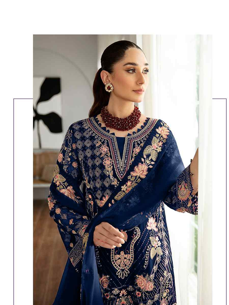 Blue Heavy Faux Georgette Embroidered Festival Wedding Pant Salwar Kameez