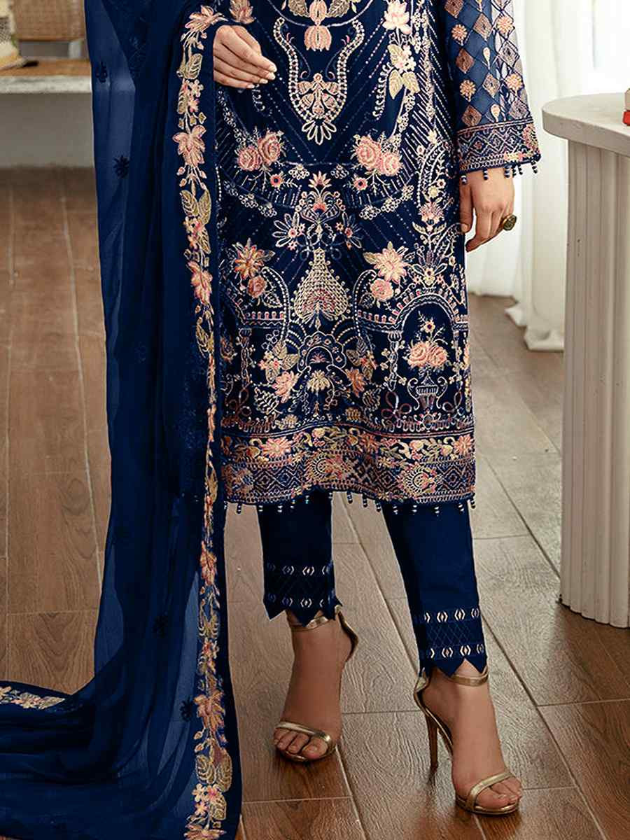 Blue Heavy Faux Georgette Embroidered Festival Wedding Pant Salwar Kameez