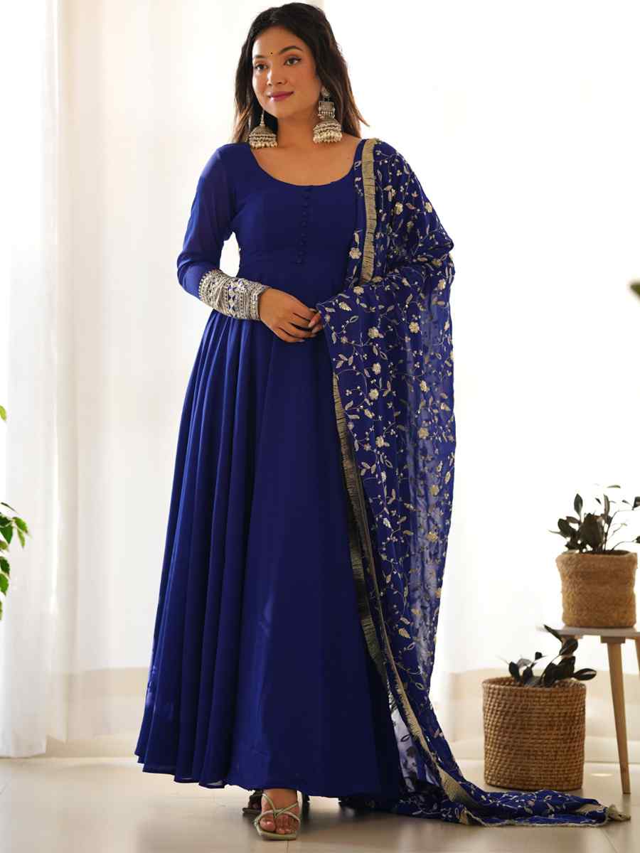 Blue Heavy Pure Soft Faux Georgette Embroidered Festival Mehendi Ready Anarkali Salwar Kameez