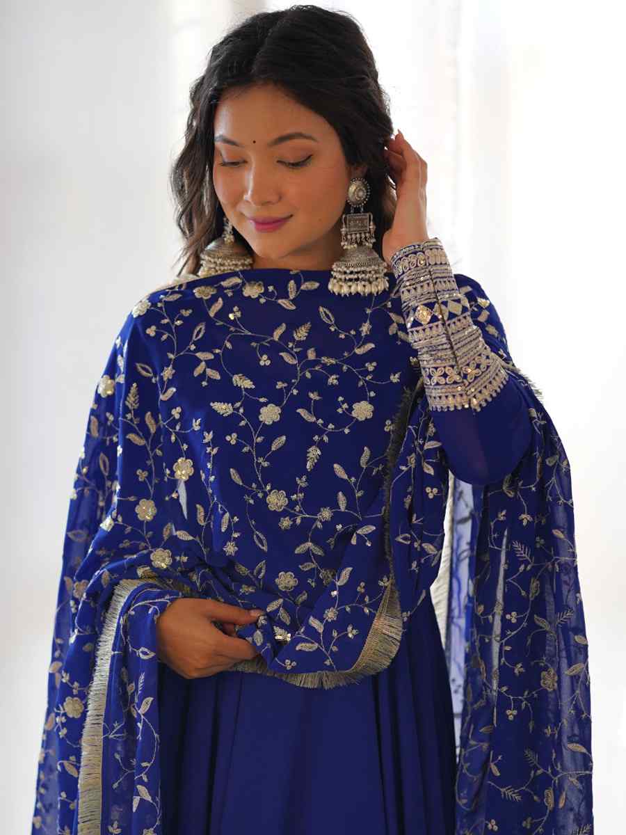 Blue Heavy Pure Soft Faux Georgette Embroidered Festival Mehendi Ready Anarkali Salwar Kameez