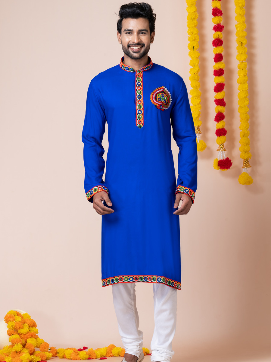 Blue Heavy Rayon Embroidered Festival Wedding Kurta