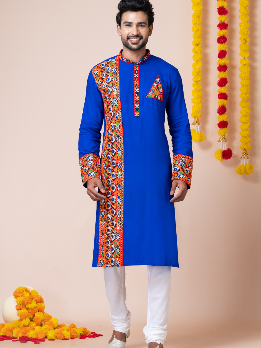 Blue Heavy Rayon Embroidered Festival Wedding Kurta