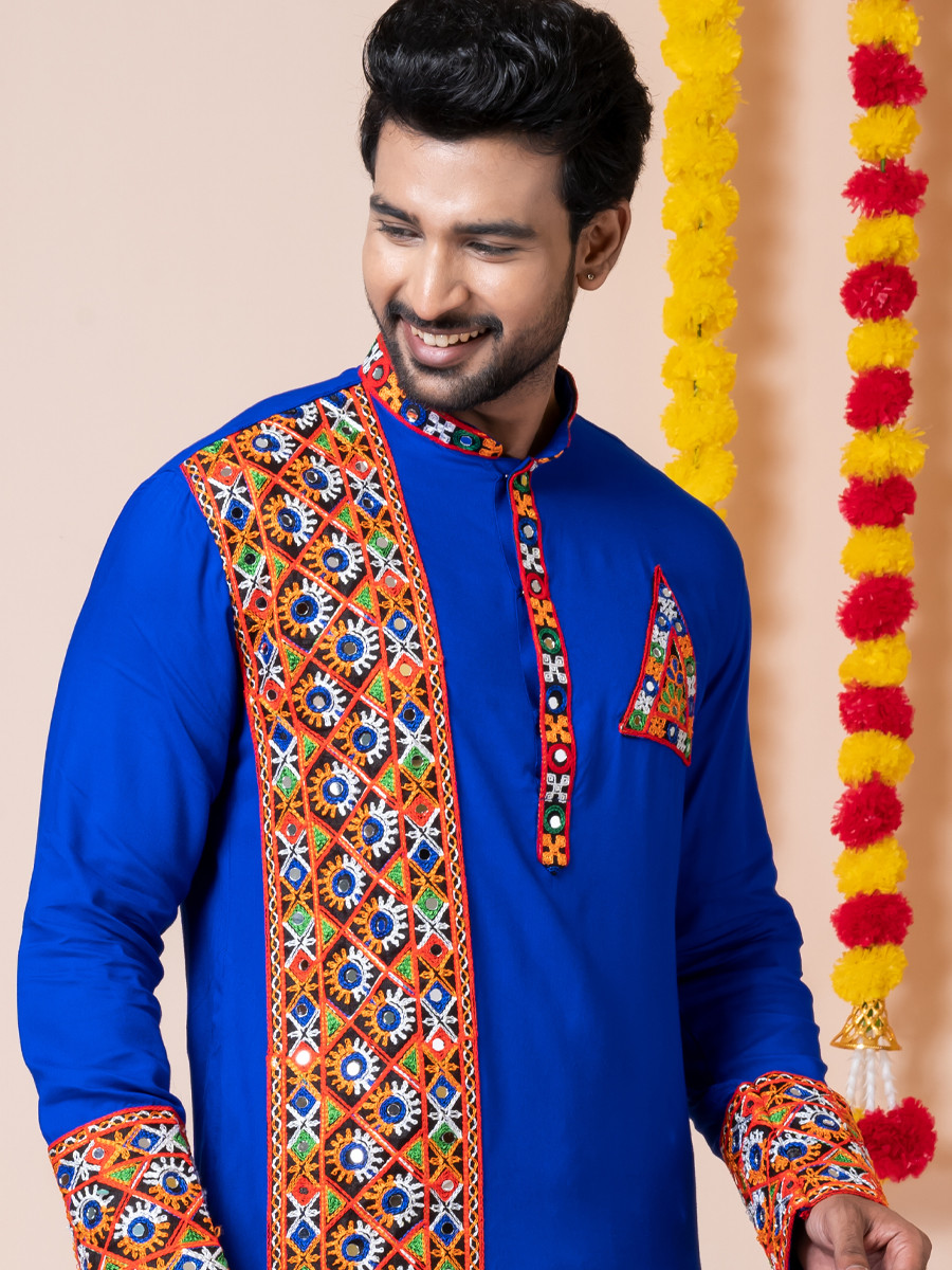 Blue Heavy Rayon Embroidered Festival Wedding Kurta