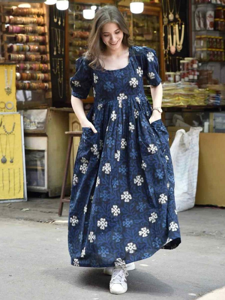 Blue Heavy Rayon Printed Festival Casual Gown