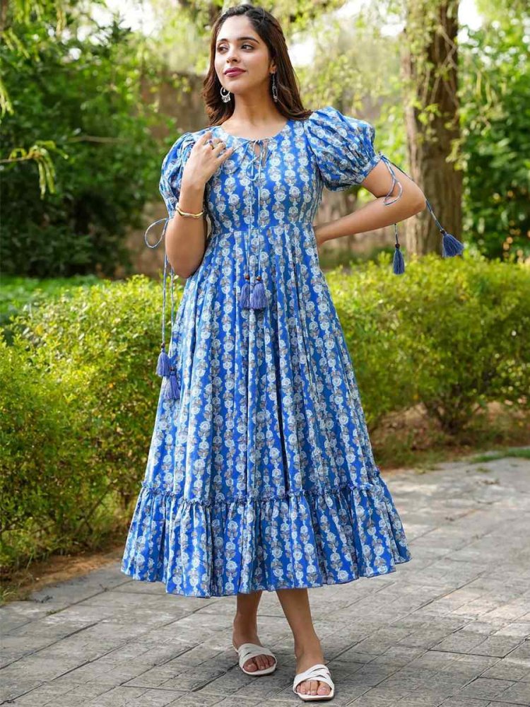 Blue Heavy Rayon Printed Festival Mehendi Gown