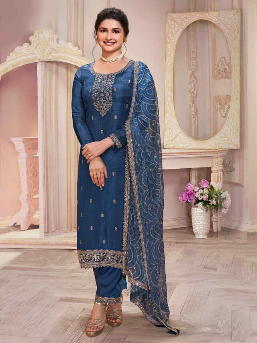 Blue Heavy Silk Gerogatte Embroidered Festival Wedding Pant Salwar Kameez