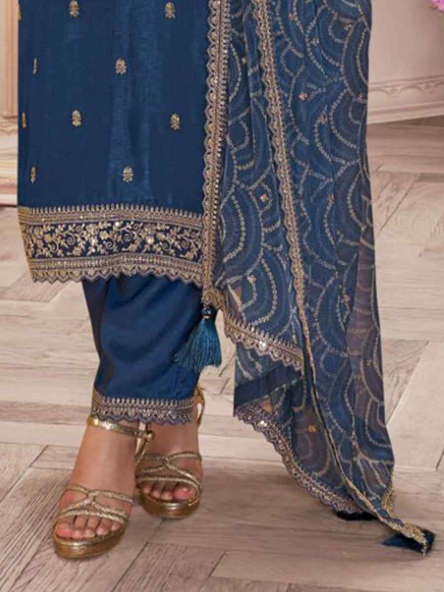 Blue Heavy Silk Gerogatte Embroidered Festival Wedding Pant Salwar Kameez