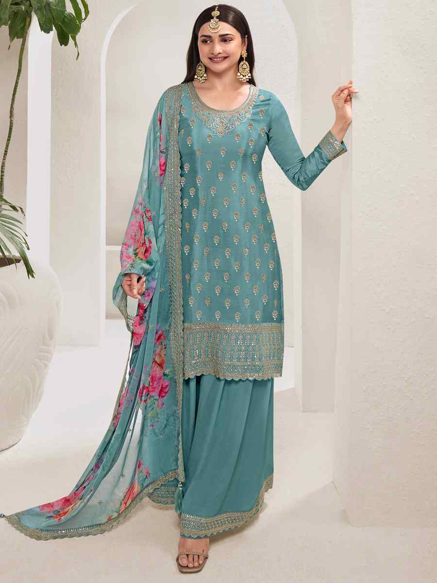 Blue Heavy Viscose Chinon Embroidered Festival Wedding Sharara Pant Salwar Kameez