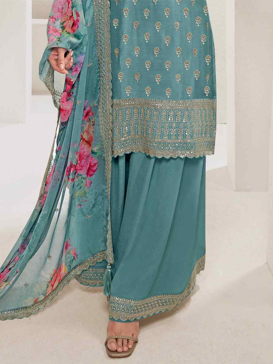 Blue Heavy Viscose Chinon Embroidered Festival Wedding Sharara Pant Salwar Kameez