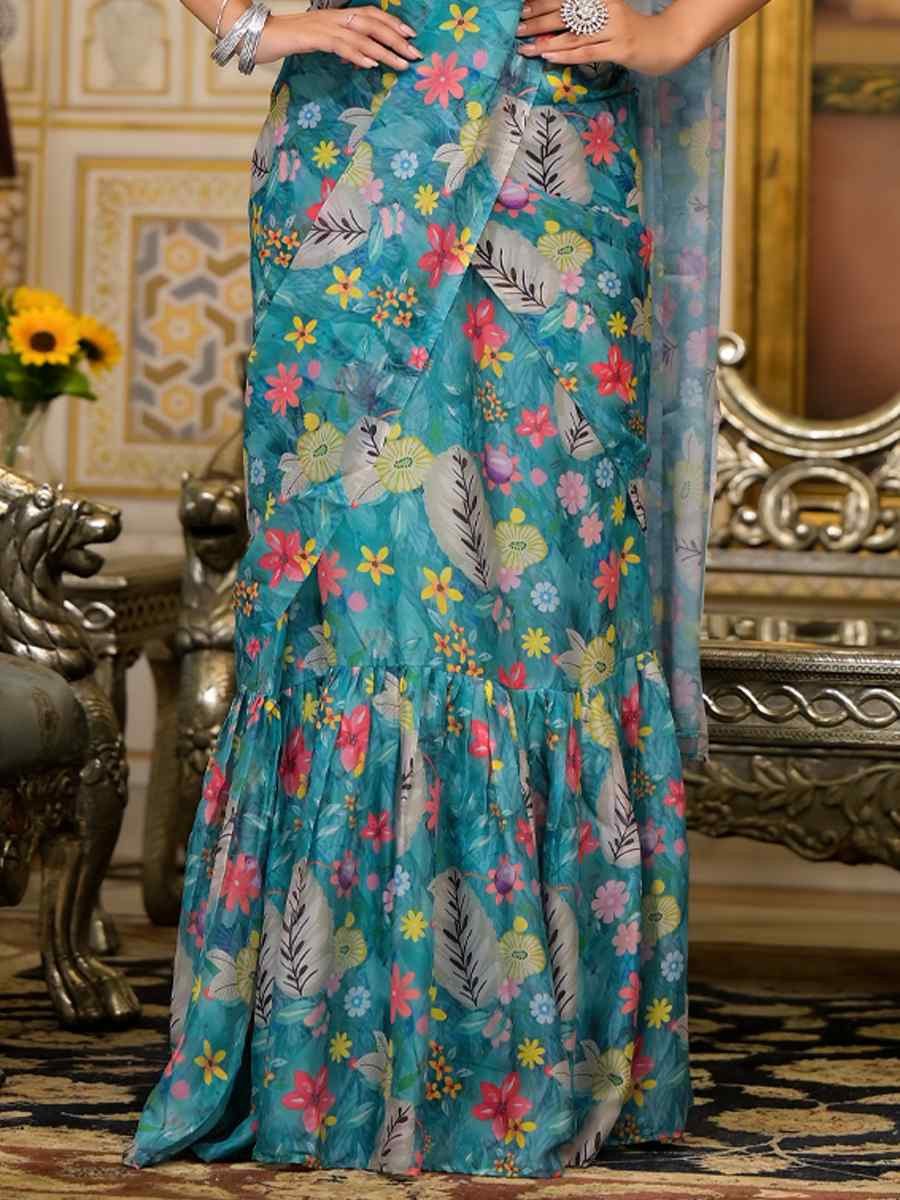 Blue Imported Georgette Printed Festival Party Contemporary Saree