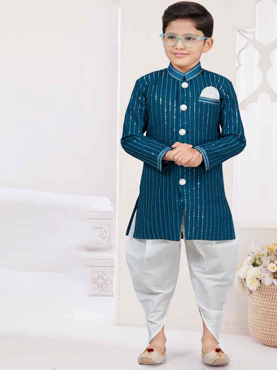 Blue Imported Silk Embroidered Festival Wedding Kurta Pyjama Boys Wear