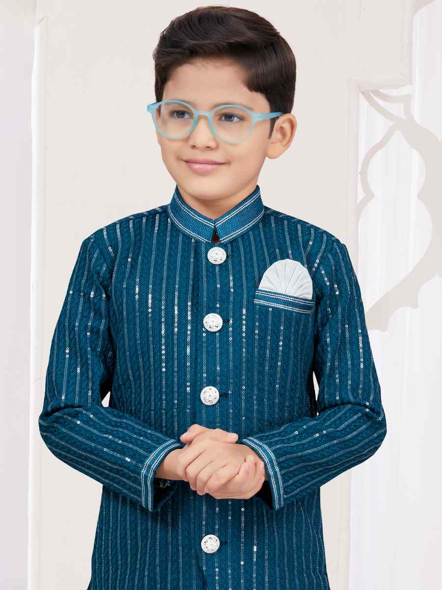 Blue Imported Silk Embroidered Festival Wedding Kurta Pyjama Boys Wear