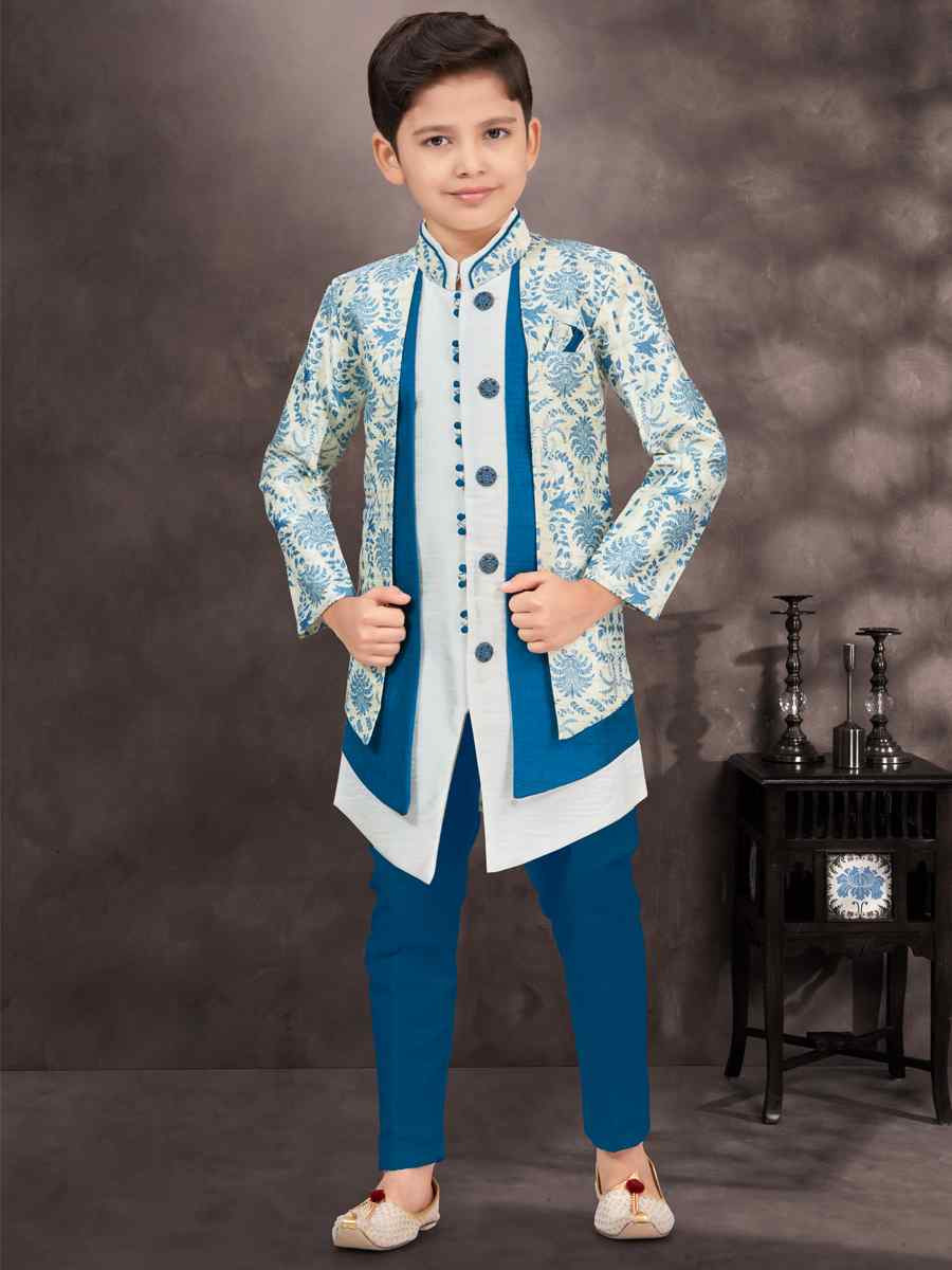 Blue Jacquard Banarasi Silk Embroidered Festival Wedding Kurta Pyjama Boys Wear