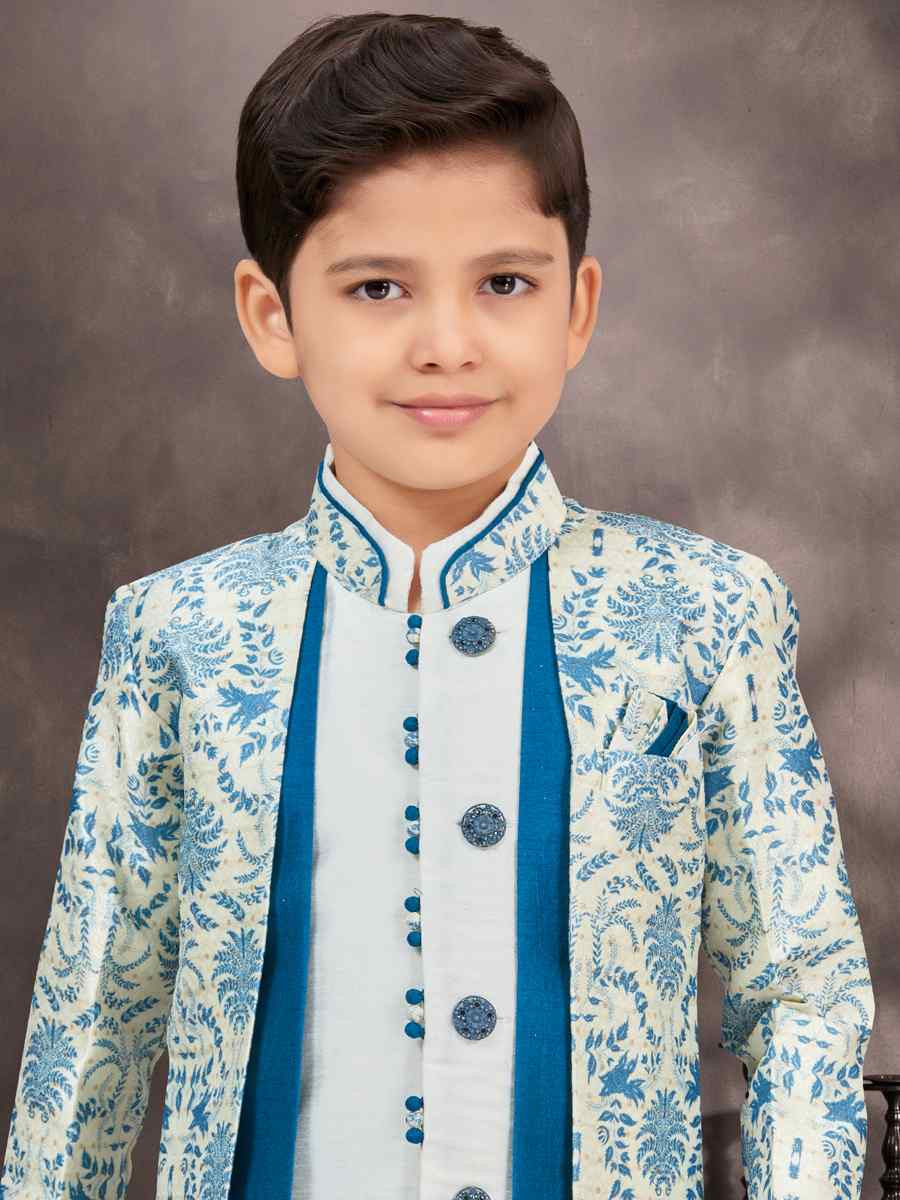 Blue Jacquard Banarasi Silk Embroidered Festival Wedding Kurta Pyjama Boys Wear