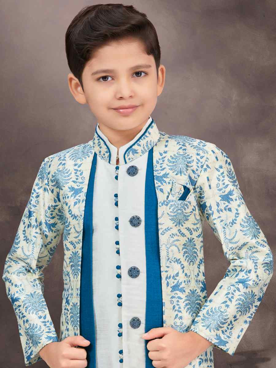 Blue Jacquard Banarasi Silk Embroidered Festival Wedding Kurta Pyjama Boys Wear