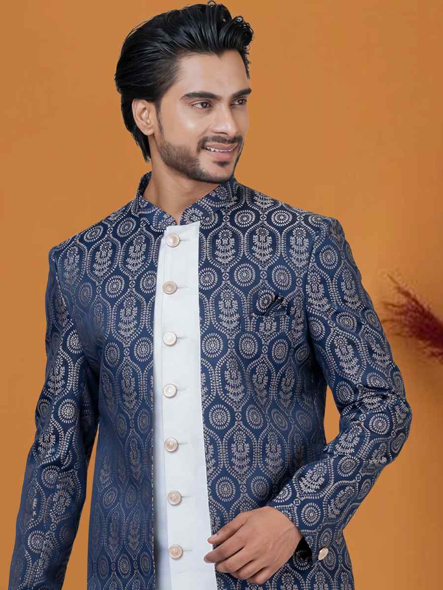 Blue Jacquard Silk Woven Groom Wedding Sherwani