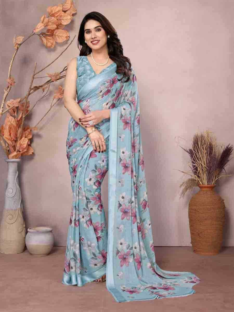 Blue Moss Silk Printed Festival Casual Contemporary Saree