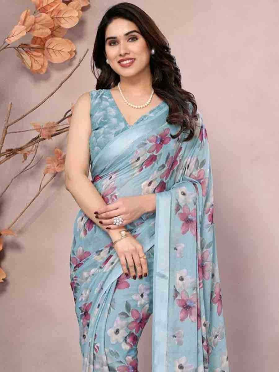 Blue Moss Silk Printed Festival Casual Contemporary Saree