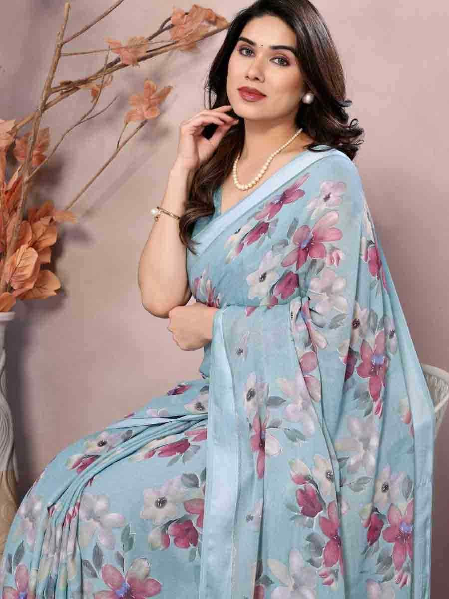 Blue Moss Silk Printed Festival Casual Contemporary Saree