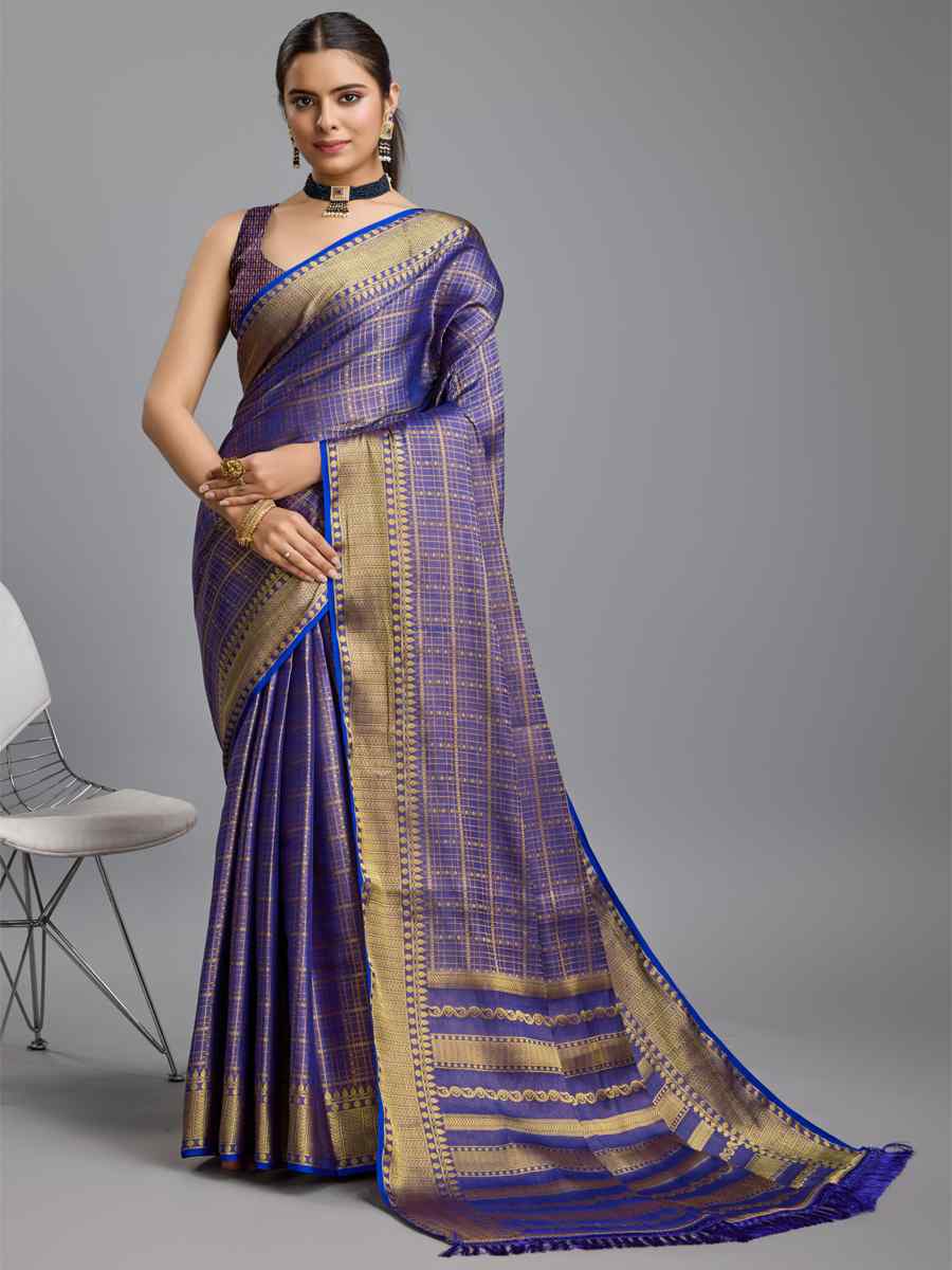 Blue Mysore Brocade Handwoven Festival Wedding Heavy Border Saree