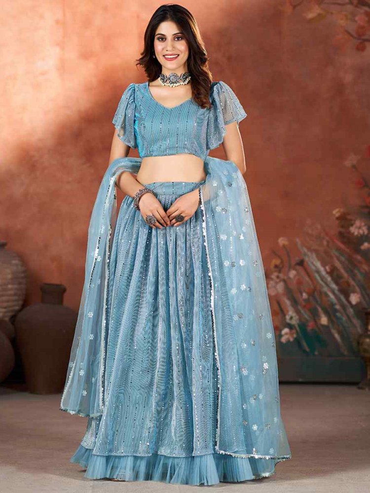 Blue Net Embroidered Bridesmaid Wedding Heavy Border Lehenga Choli