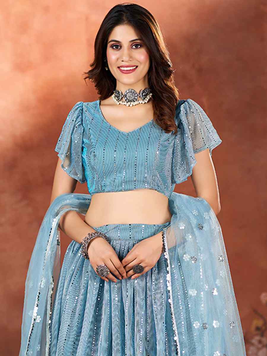 Blue Net Embroidered Bridesmaid Wedding Heavy Border Lehenga Choli