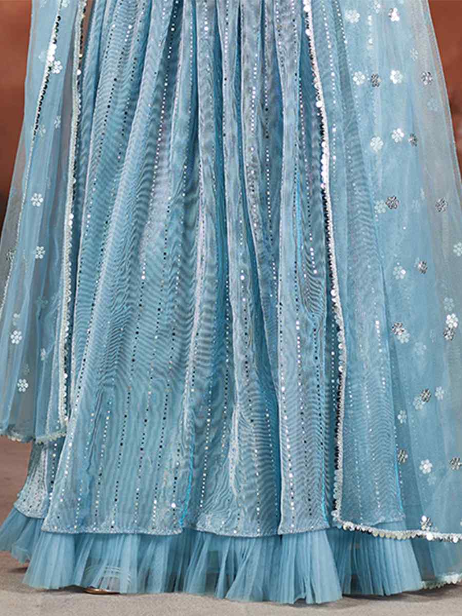 Blue Net Embroidered Bridesmaid Wedding Heavy Border Lehenga Choli