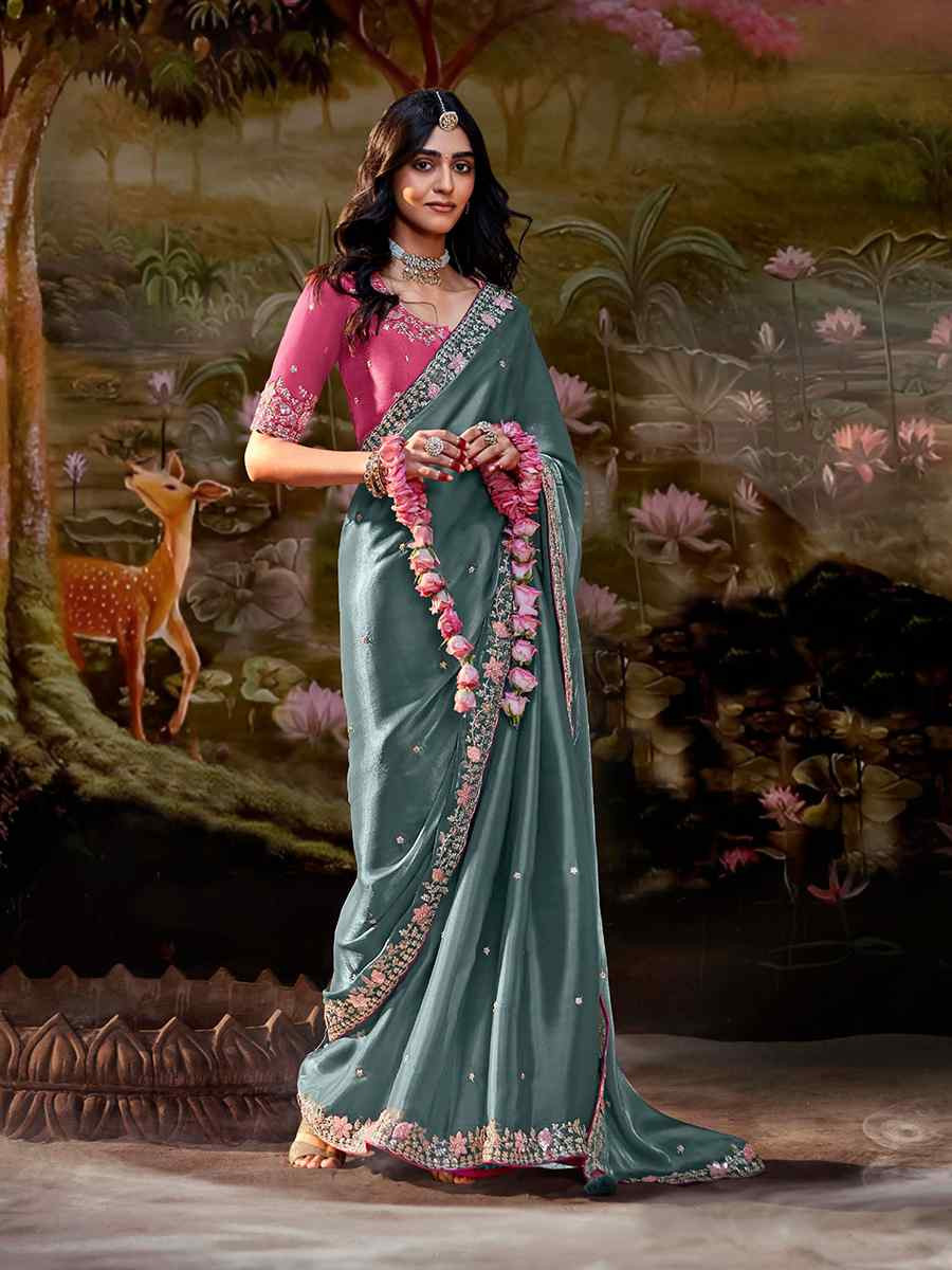 Blue Organza Chiffon Embroidered Reception Party Heavy Border Saree