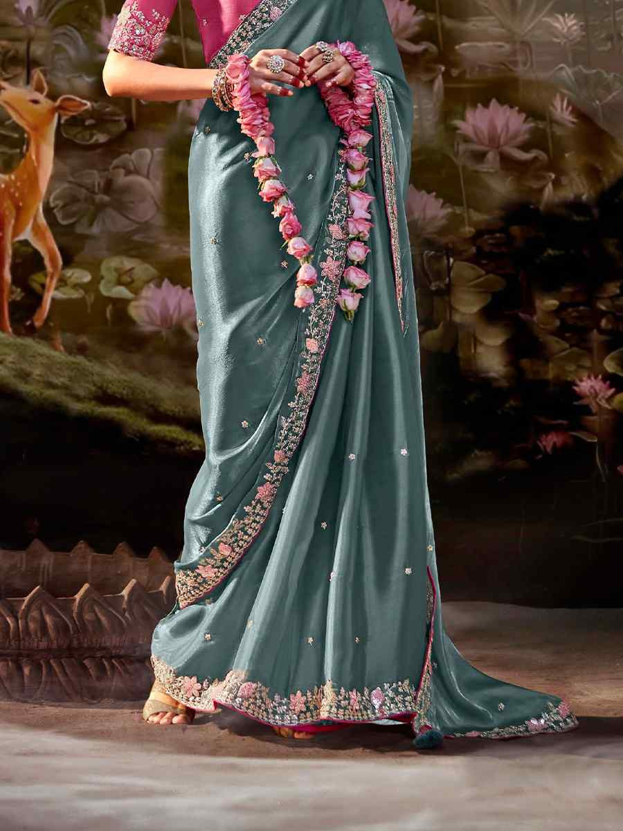 Blue Organza Chiffon Embroidered Reception Party Heavy Border Saree