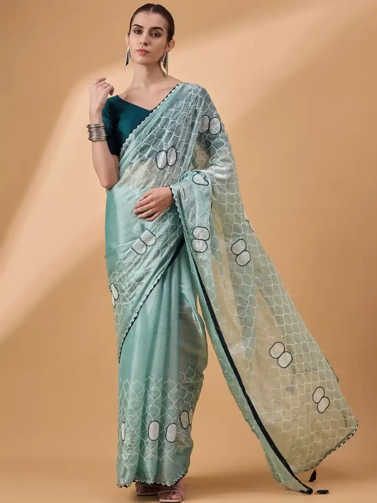 Blue Organza Embroidered Festival Casual Classic Style Saree